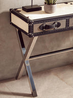 Black and White Cowhide Console Table with 3 Drawers and Leather Trim | Kensington Townhouse