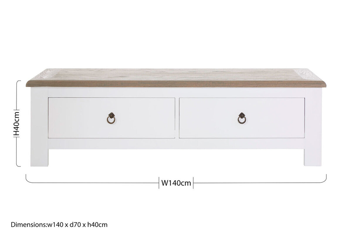 White Wooden Coffee Table with Natural Oak Top and 2 Storage Drawers | Hampstead