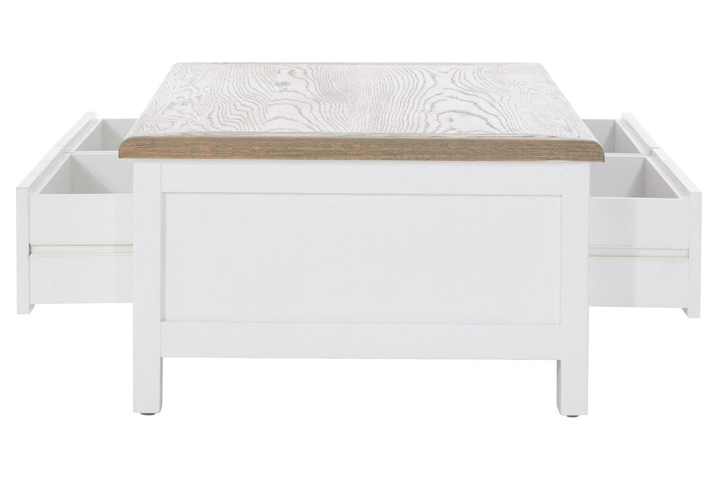 White Wooden Coffee Table with Natural Oak Top and 2 Storage Drawers | Hampstead