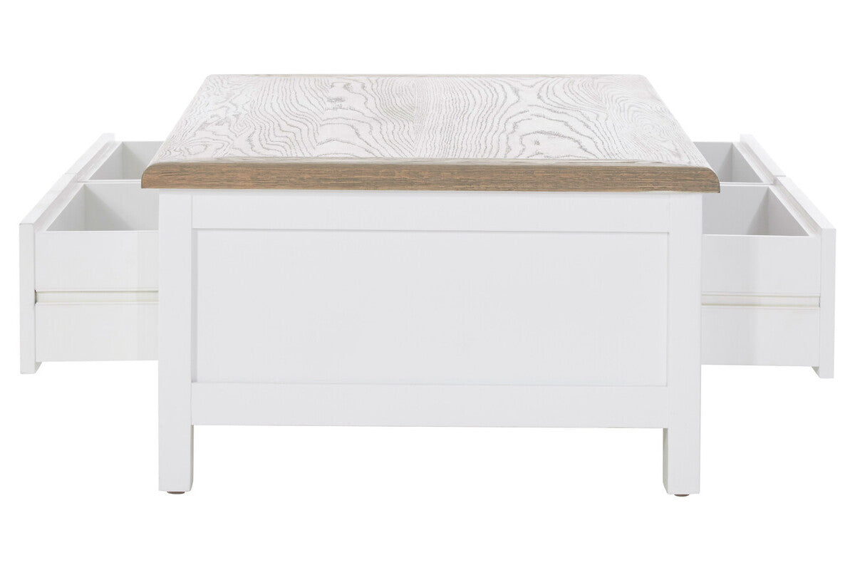 White Wooden Coffee Table with Natural Oak Top and 2 Storage Drawers | Hampstead