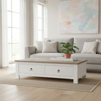 White Wooden Coffee Table with Natural Oak Top and 2 Storage Drawers | Hampstead