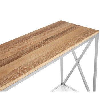 Natural Oak Wood Console Table with Silver Mirrored Lower Shelf | Chiswick