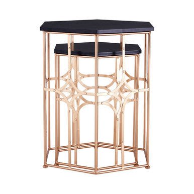 Set of 2 Black Hexagon Top Nesting Side Tables with Rose Gold Metal Frames | Lexa