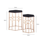 Set of 2 Black Hexagon Top Nesting Side Tables with Rose Gold Metal Frames | Lexa