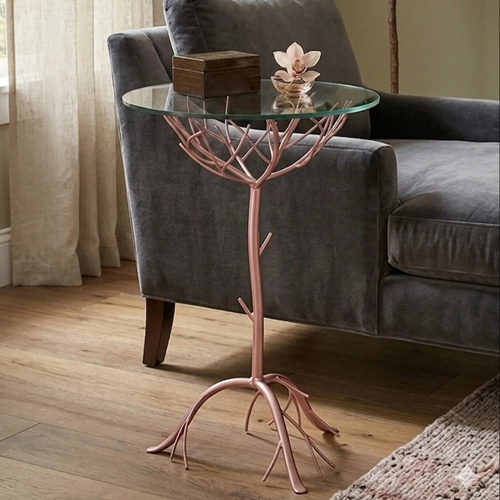 Rose Gold Galass Top Round Table with Branch Detailing | Lexa
