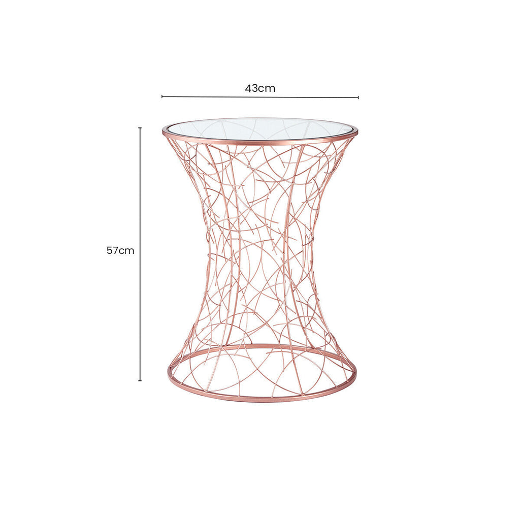 Concave Glass Top Round Table with Rose Gold Hourglass Frame | Lexa