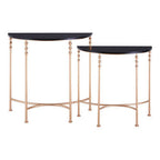 Set of 2 Matte Black MDF Tops Half Round Console Tables with Rose Gold Metal Legs, Lexa