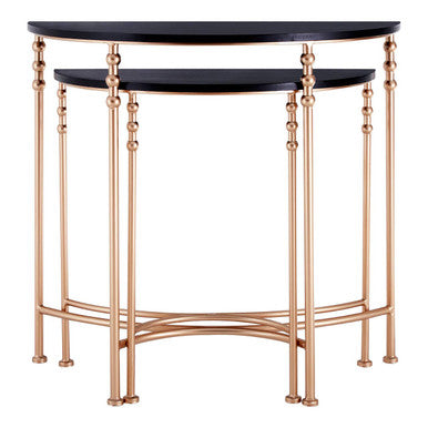 Set of 2 Matte Black MDF Tops Half Round Console Tables with Rose Gold Metal Legs, Lexa
