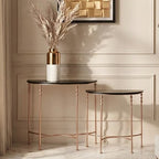 Set of 2 Matte Black MDF Tops Half Round Console Tables with Rose Gold Metal Legs, Lexa