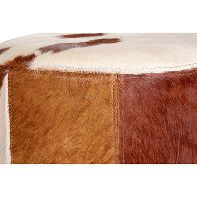 Brown and White Cowhide Hair on Leather Stool | Kensington Townhouse