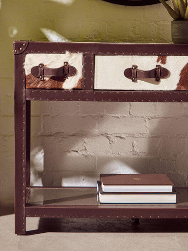 Brown and White Cowhide 3-Drawer Console Table with Leather Trim | Kensington Townhouse