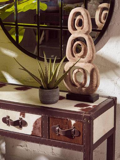 Brown and White Cowhide 3-Drawer Console Table with Leather Trim | Kensington Townhouse