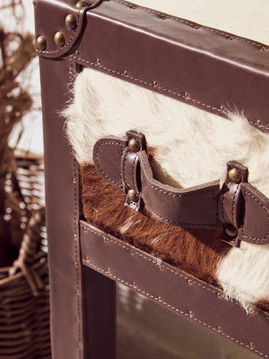 Brown and White Cowhide 3-Drawer Console Table with Leather Trim | Kensington Townhouse
