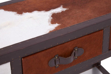 Brown and White Cowhide 3-Drawer Console Table with Leather Trim | Kensington Townhouse
