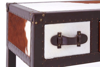 Brown and White Cowhide 3-Drawer Console Table with Leather Trim | Kensington Townhouse