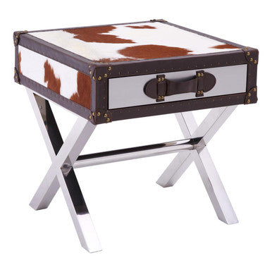 Brown and White Cowhide 1-Drawer Bedside Table with Leather Handle | Kensington Townhouse