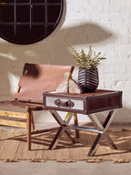 Brown and White Cowhide 1-Drawer Bedside Table with Leather Handle | Kensington Townhouse