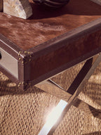 Brown and White Cowhide 1-Drawer Bedside Table with Leather Handle | Kensington Townhouse
