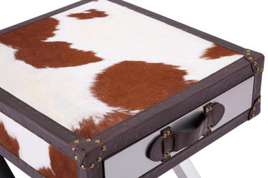 Brown and White Cowhide 1-Drawer Bedside Table with Leather Handle | Kensington Townhouse