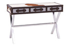 Brown and White Genuine Cowhide 3-Drawer Console Table with Crossed Stainless Steel Legs | Kensington Townhouse