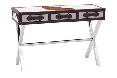 Brown and White Genuine Cowhide 3-Drawer Console Table with Crossed Stainless Steel Legs | Kensington Townhouse
