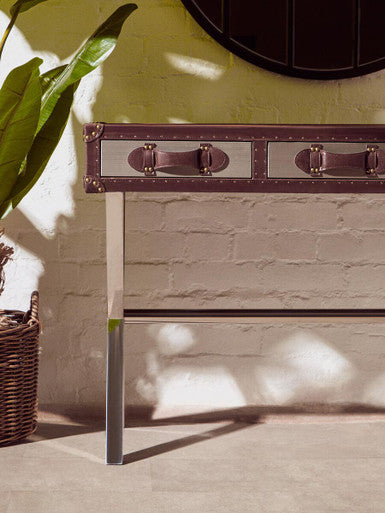 Brown and White Genuine Cowhide 3-Drawer Console Table with Crossed Stainless Steel Legs | Kensington Townhouse