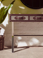 Brown and White Genuine Cowhide 3-Drawer Console Table with Crossed Stainless Steel Legs | Kensington Townhouse