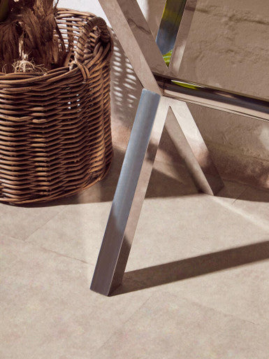 Brown and White Genuine Cowhide 3-Drawer Console Table with Crossed Stainless Steel Legs | Kensington Townhouse