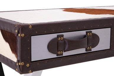 Brown and White Genuine Cowhide 3-Drawer Console Table with Crossed Stainless Steel Legs | Kensington Townhouse
