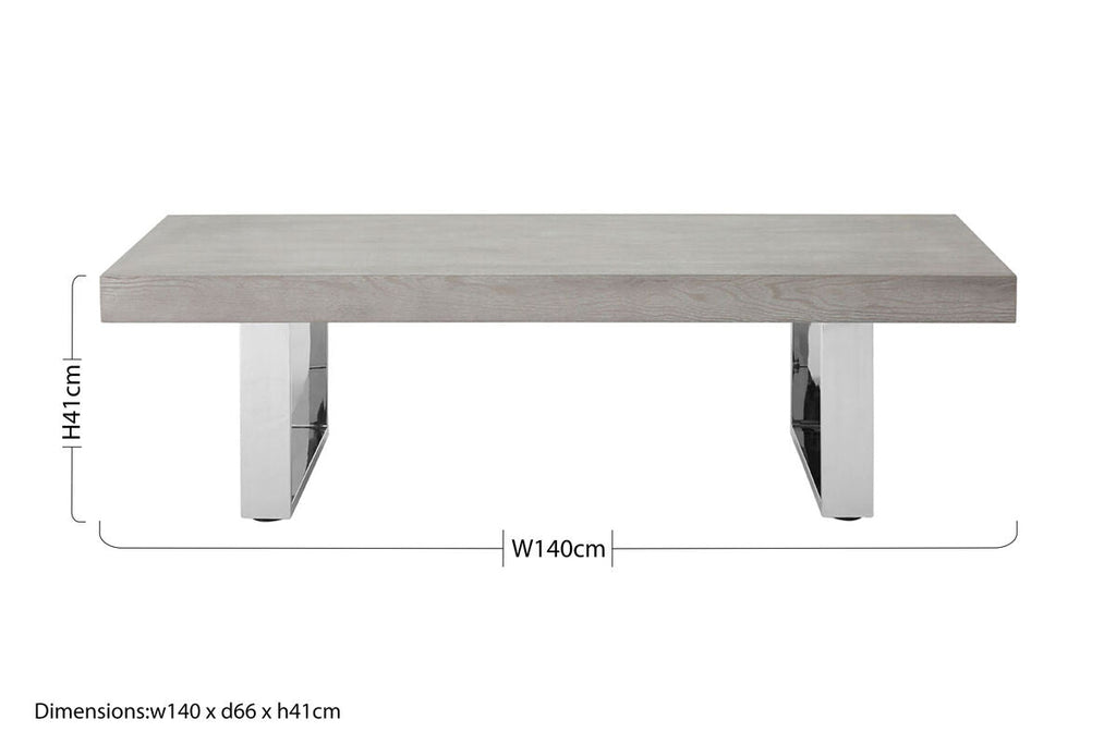Grey Elm Wood Low Coffee Table with Silver U-Shaped Steel Legs, Ulmus