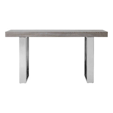 Grey Elm Wood Console Table with Stainless Steel U-Shape Legs, Ulmus