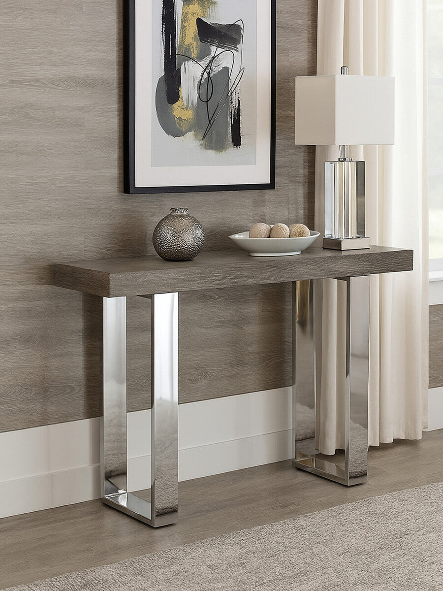 Grey Elm Wood Console Table with Stainless Steel U-Shape Legs, Ulmus