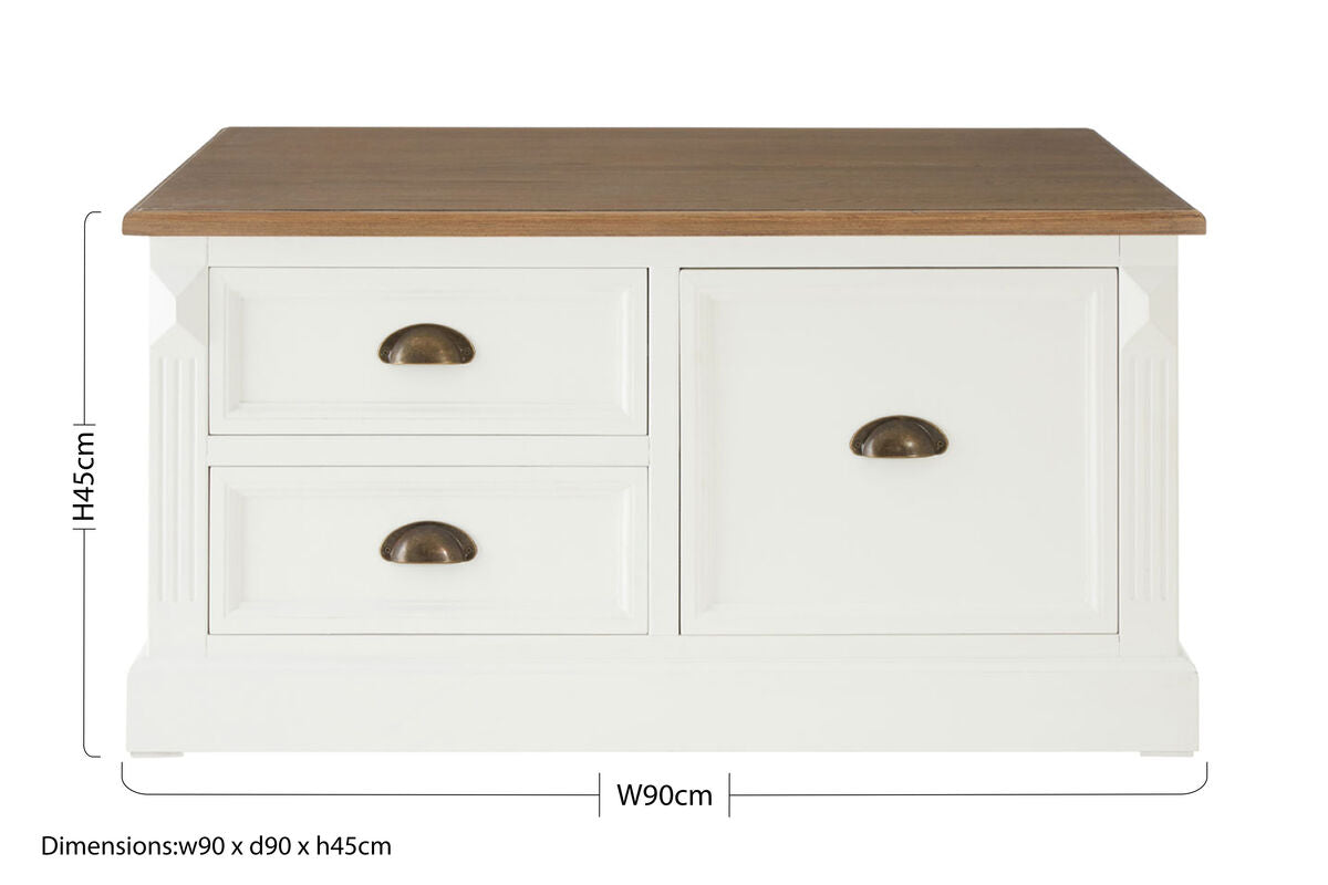 Fir Wood Veneer Top and White Wooden Square Coffee Table with 3 Drawers | Hardwick