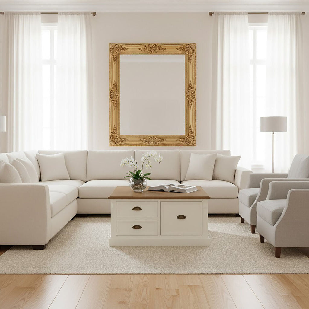 Fir Wood Veneer Top and White Wooden Square Coffee Table with 3 Drawers | Hardwick