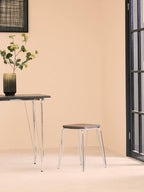 Silver Chrome Metal Legs and Brown Elm Wood Top Table | District