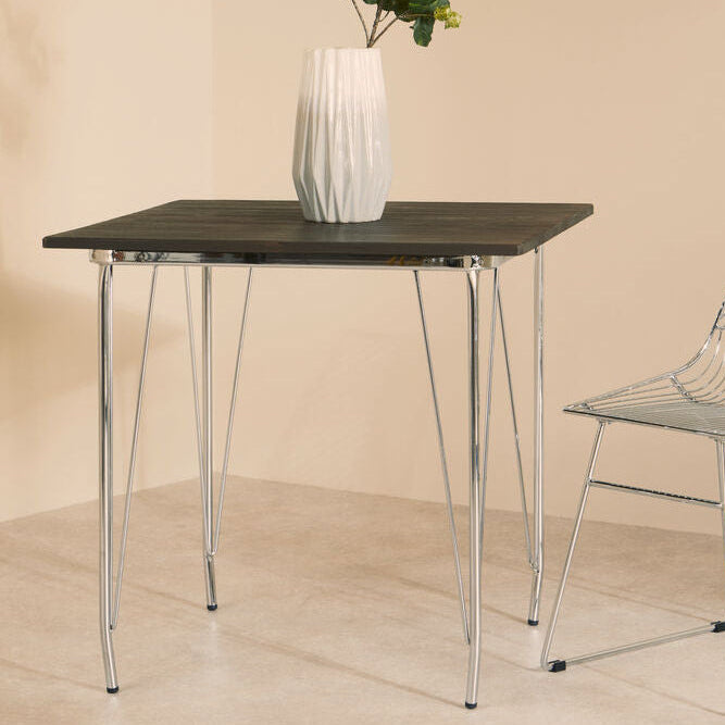 Silver Chrome Metal Legs and Brown Elm Wood Top Table | District