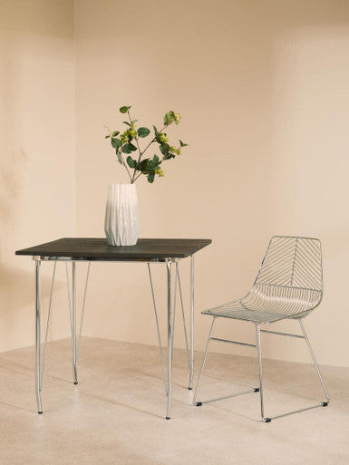 Silver Chrome Metal Legs and Brown Elm Wood Top Table | District