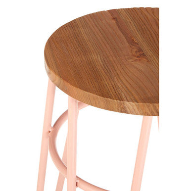 Pink Metal and Elm Wood Hairpin Stool | District