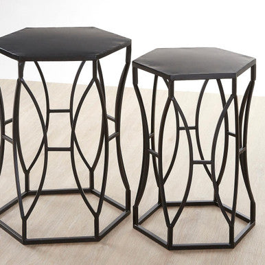 Set of 2 Black Metal Hexagon Top Side Tables with Geometric Industrial Frame | Avantis