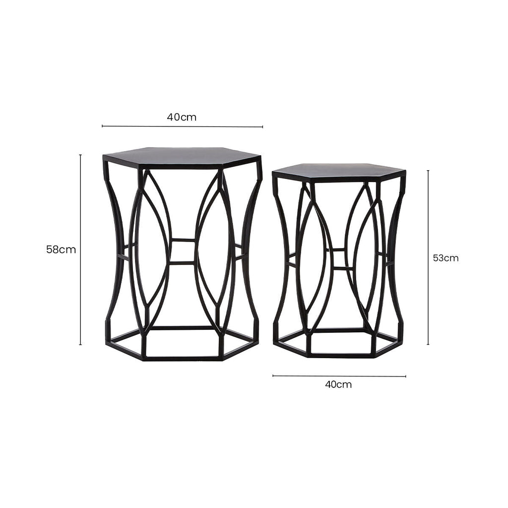 Set of 2 Black Metal Hexagon Top Side Tables with Geometric Industrial Frame | Avantis