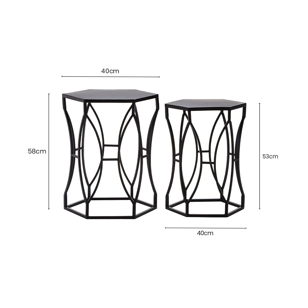 Set of 2 Black Metal Hexagon Top Side Tables with Geometric Industrial Frame | Avantis
