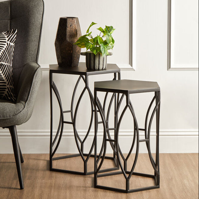 Set of 2 Black Metal Hexagon Top Side Tables with Geometric Industrial Frame | Avantis