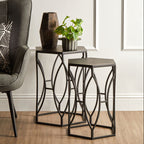 Set of 2 Black Metal Hexagon Top Side Tables with Geometric Industrial Frame | Avantis