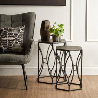 Set of 2 Black Metal Hexagon Top Side Tables with Geometric Industrial Frame | Avantis