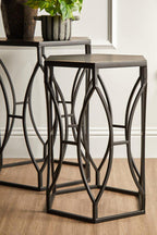 Set of 2 Black Metal Hexagon Top Side Tables with Geometric Industrial Frame | Avantis