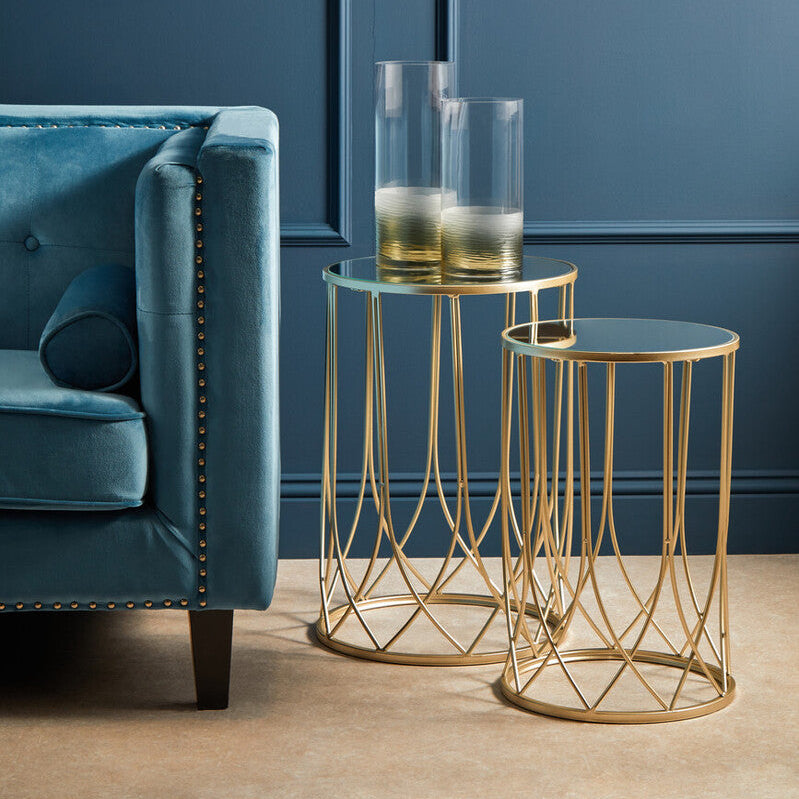 Set of 2 Champagne Gold Mirror Top Side Tables with Metal Bases | Avantis