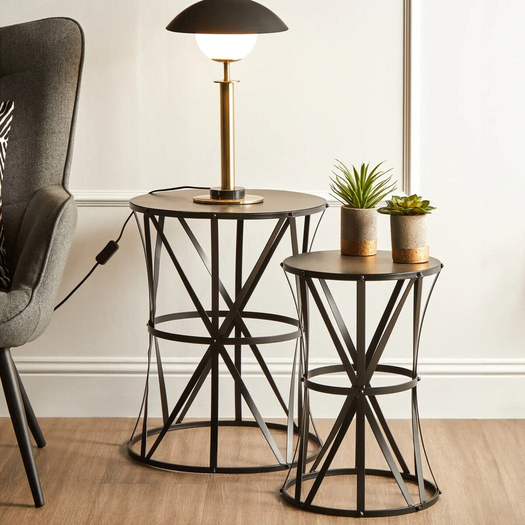 Set of 2 Black Round Metal Top Nesting Side Tables with Cross Lattice Frame | Avantis