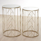 Art Deco Set of Two Champagne Finish Metal Base Side Tables with Reflective Mirrored Tops | Avantis