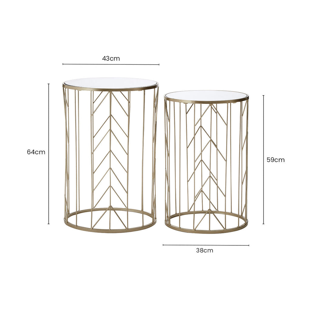 Art Deco Set of Two Champagne Finish Metal Base Side Tables with Reflective Mirrored Tops | Avantis