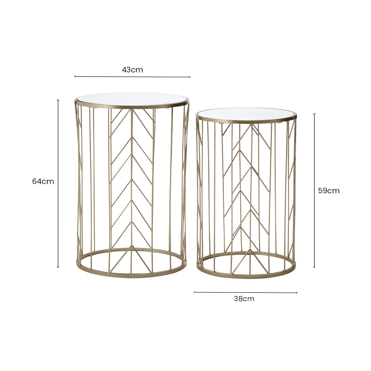 Art Deco Set of Two Champagne Finish Metal Base Side Tables with Reflective Mirrored Tops | Avantis